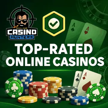 Online Casino Hunters graphic with chips, cards, and badge for top-rated casinos.