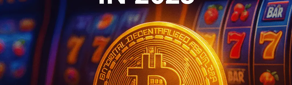 Bitcoin coin and slot machines with the title The Rise of Crypto Casinos in 2025 glowing over a casino background
