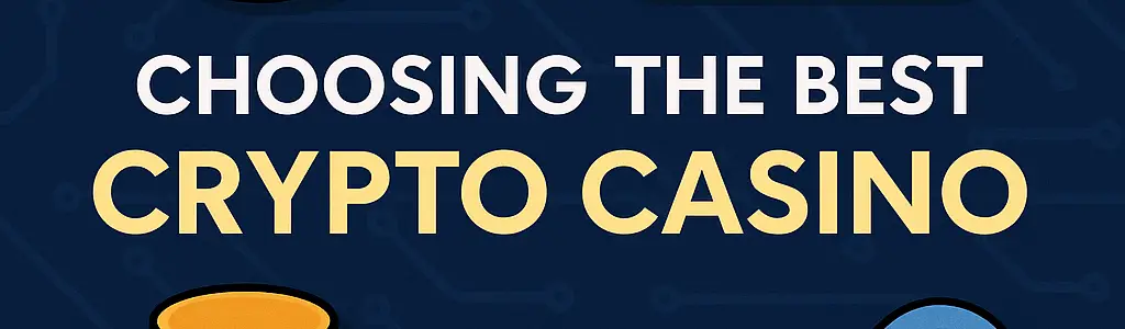 Stacked Bitcoin coins, playing cards, roulette wheel, and blockchain chain icon illustrating the concept of choosing the best crypto casino.