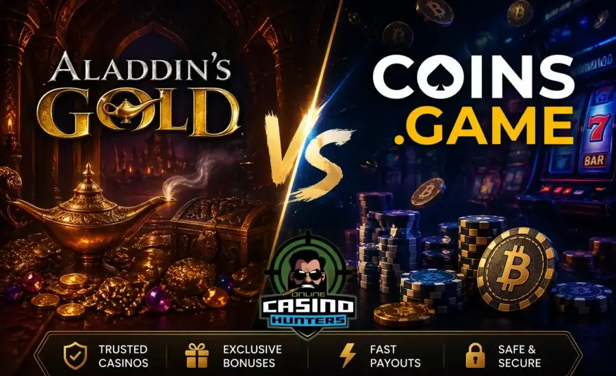 Aladdin's Gold vs Coins.Game comparison highlighting payout speed and crypto vs traditional casino features