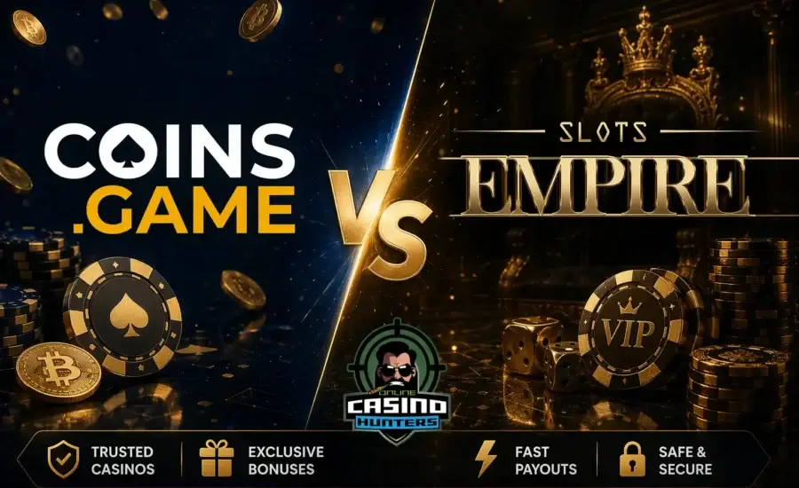 Coins.Game vs Slots Empire 2026 comparison showing crypto payouts vs free chip bonuses